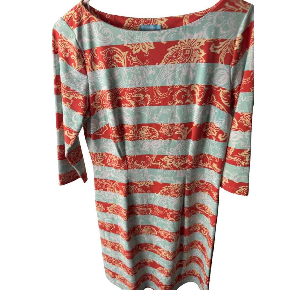 J.McLaughlin Catalina Cloth Sheath Dress Coral Mint Paisley Stripe Size S